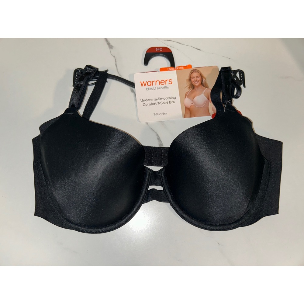 Warners T-Shirt Bra Womens 34C Black New Underarm-Smoothing Underwire Adjustable